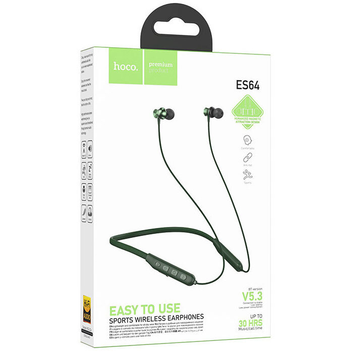 Bluetooth наушники вкладыши с микрофоном Hoco ES64 Easy Sound Green с микрофоном, мобильная гарнитура, с дугой, зеленые — фото 1