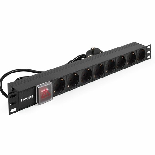 Блок розеток горизонтальный ExeGate ServerPro PDU-19H803 Al-8S-EU2CU-SW 19 1U Алюминий 8 Schuko кабель с евровилкой VDE-250V-16A-315mm2 медь 2 метра выкл с подсветкой черный RTL EX280842RUS 2141₽