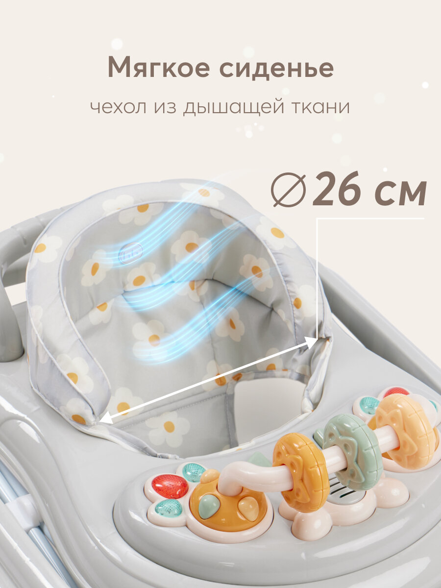 Ходунки детские Happy Baby SMILEY V2, с игровой панелью, 12 мелодий, регулировка сиденья, силиконовые колесики, серые — фото 1