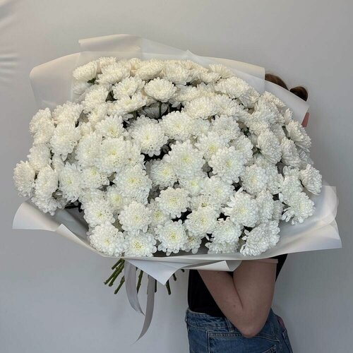 Изображение товара Букет живых цветов Хризантемы белые кустовые пушистые, 25 штучек