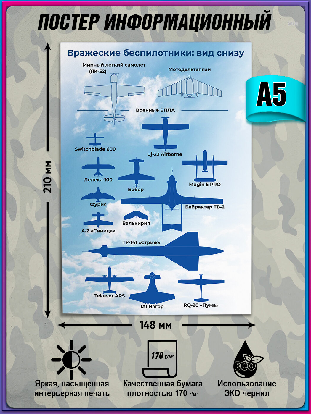Памятка  Вражеские беспилотники  БПЛА   вид снизу    А5  15x21 см  