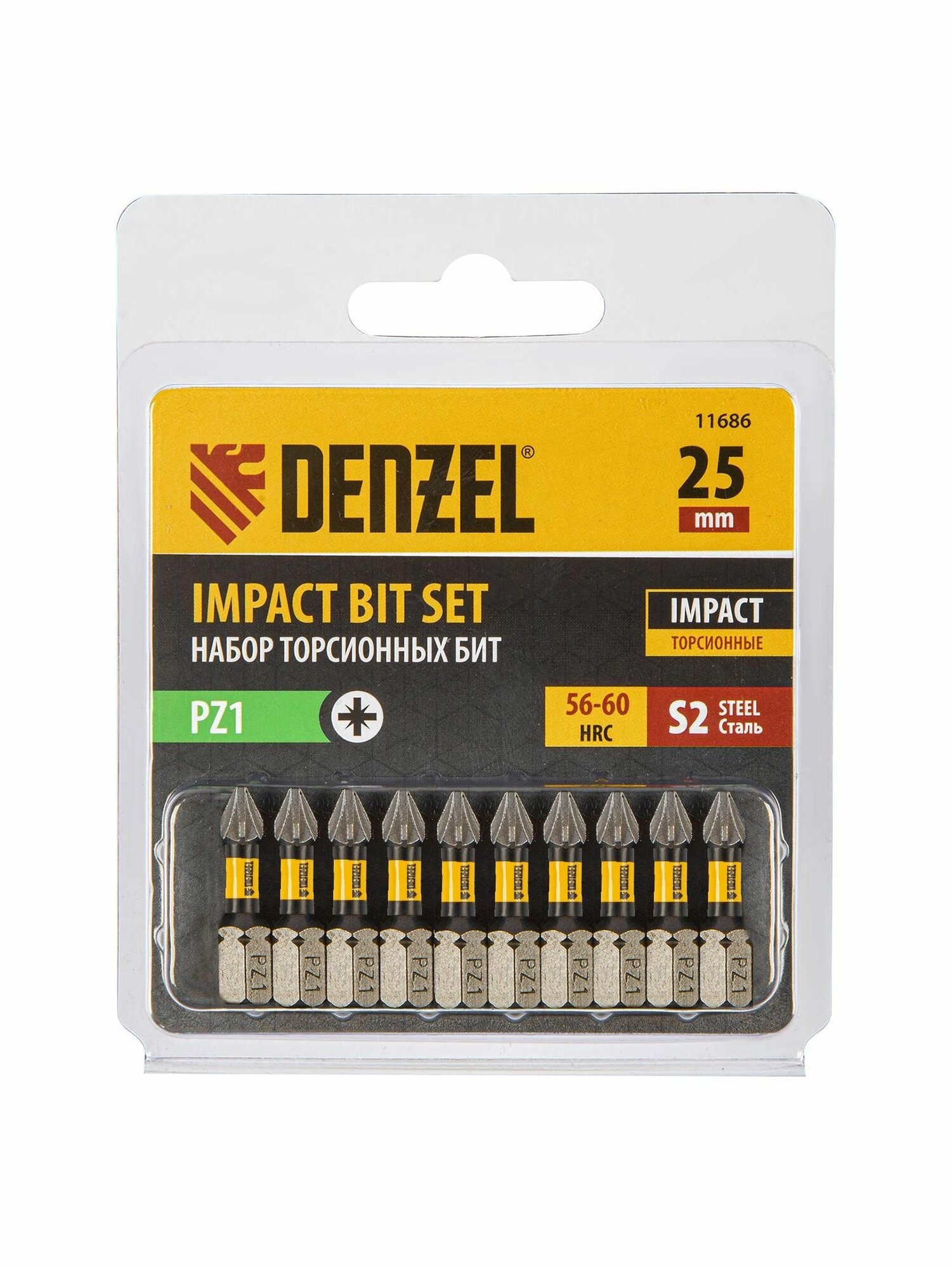 Бита IMPACT PZ1x25 мм лазерная обработка шлица сталь S2 10 шт Е 63 Denzel 11686