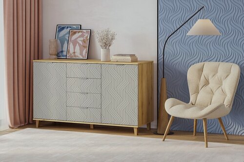 Изображение товара Комод МебельЛэнд24 Марвин 25 фрезеровка 3 Сантьяго 140x40x80 серый двухдверный с 4 ящиками