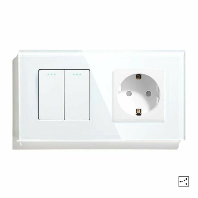 Выключатель с розеткой, 2 клавиши 1 розетка, 2 поста (М2+1F) рамка стекло 157х86мм цвет белый