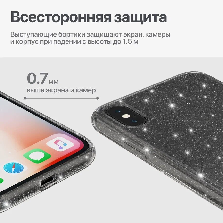 Силиконовый чехол на Айфон X, Айфон 10 / iPhone X, iPhone 10, темно-прозрачный с блестками