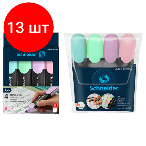 Комплект 13 шт, Набор текстовыделителей Schneider Job 04цв, пастельные ассорти, 1-5мм, прозрачный чехол/картонная упаковка набор маркеров текстовыделителей 4 цвета 1 5 мм schneider job прозрачный чехол