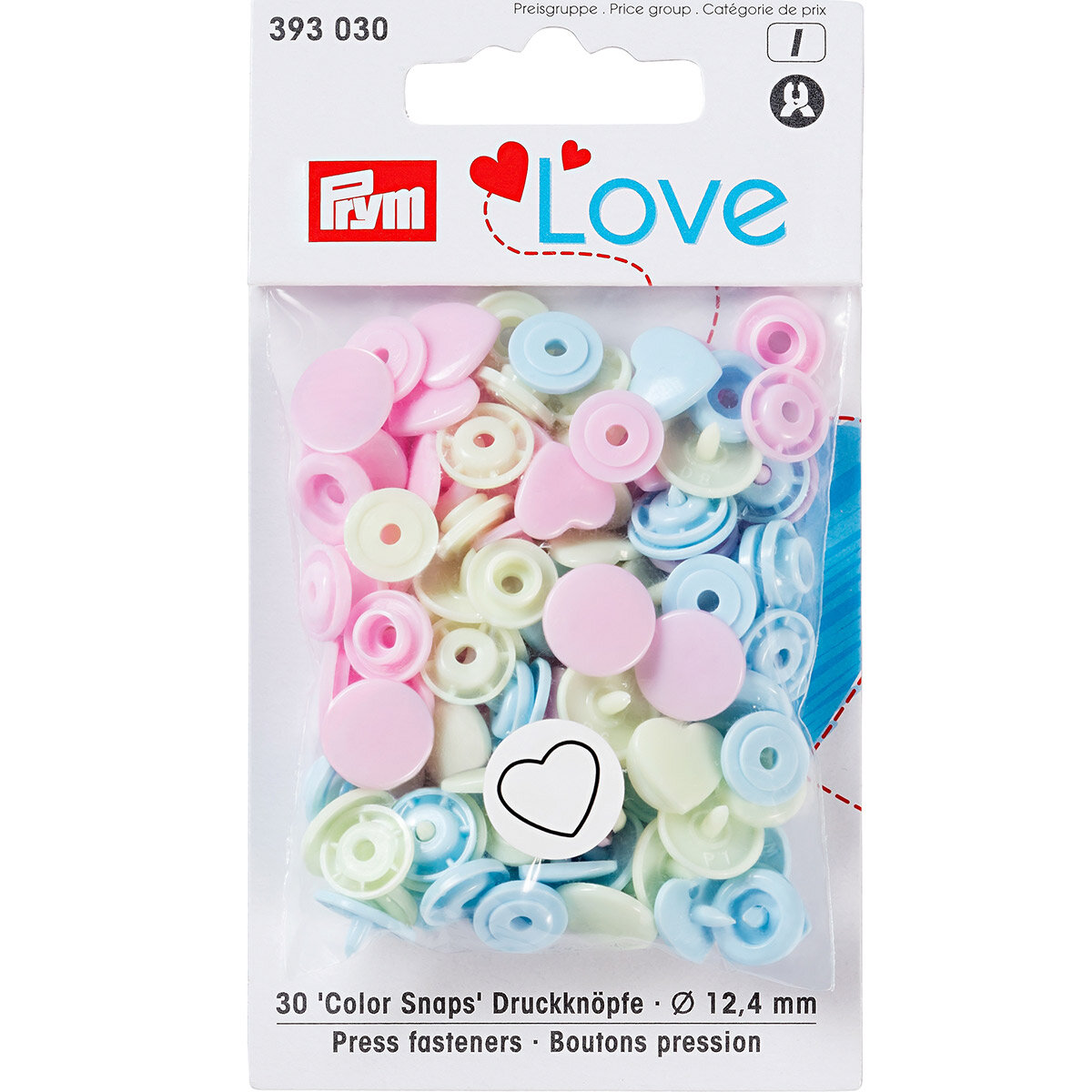 Кнопки PRYM "Color Snaps", Сердце, пластик, светло-зеленые, розовые, голубые, диаметр 12,4 мм, 30 шт (393030)