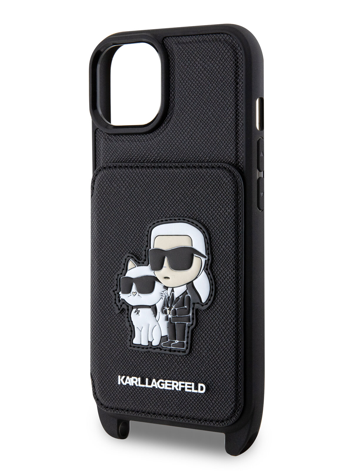 Lagerfeld для iPhone 15 чехол Crossbody cardslot PU Saffiano NFT Karl&Choupette Hard Black