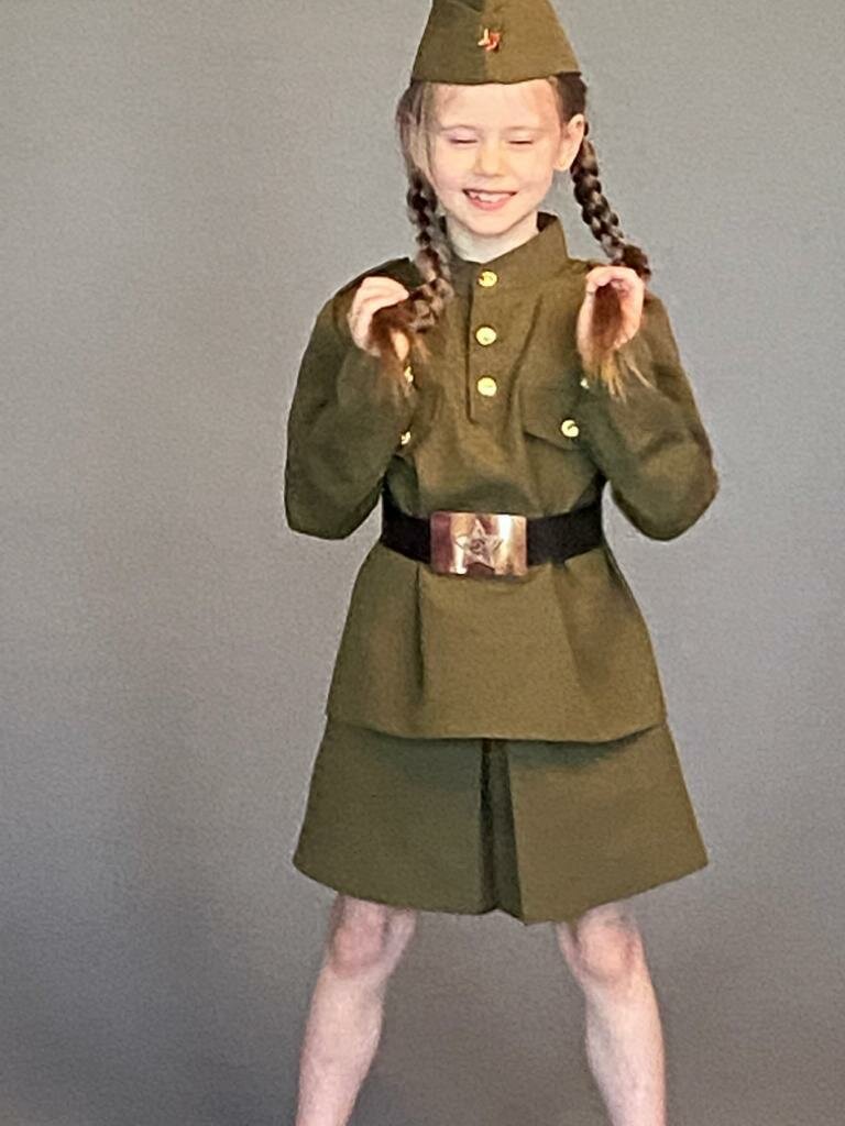 Карнавальный костюм для девочки "Военный", платье, ремень, пилотка, рост 104-110 см
