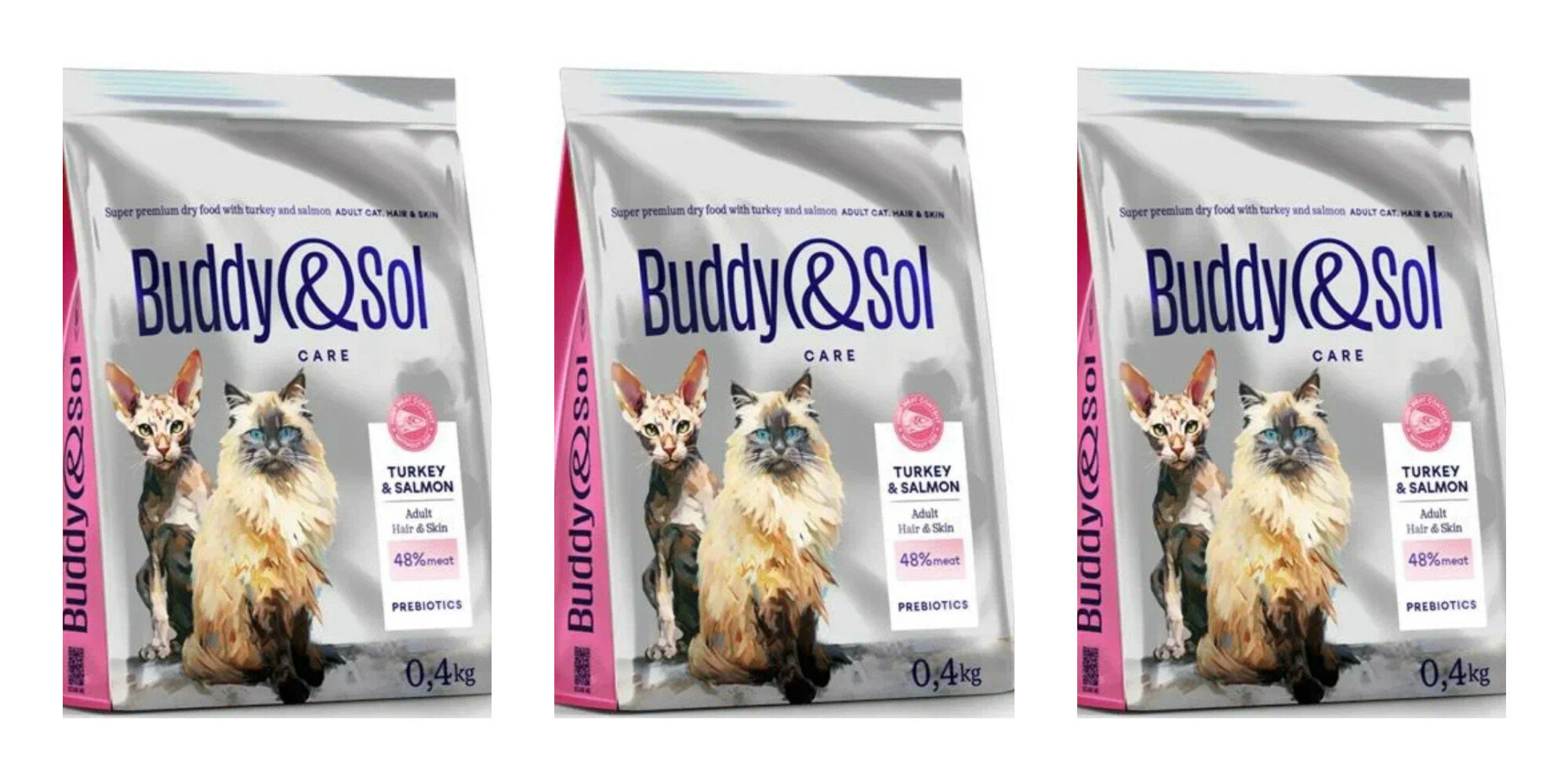 Сухой корм для взрослых кошек Buddy&Sol Adult Hair&Skin, с индейкой и лососем, для здоровья кожи и шерсти, 400 гр, 3 шт.
