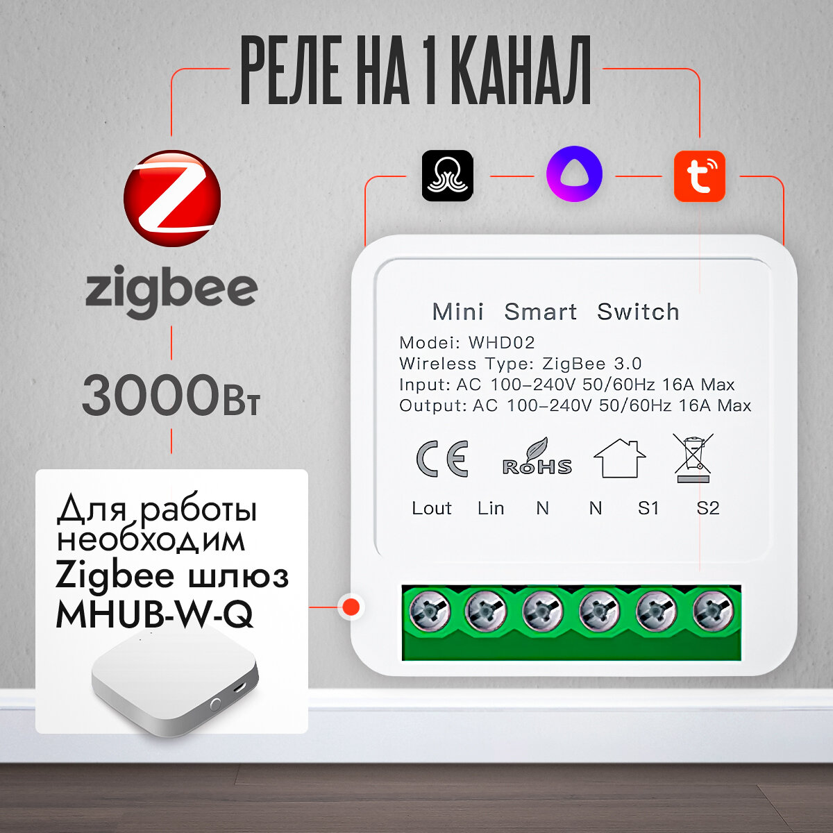 Реле Zigbee WHD02 - управляется Алисой и Google ассистентом через шлюз Tuya, Sprut HUB, монтируется в подрозетник, нагрузка до 16 ампер. 1 шт