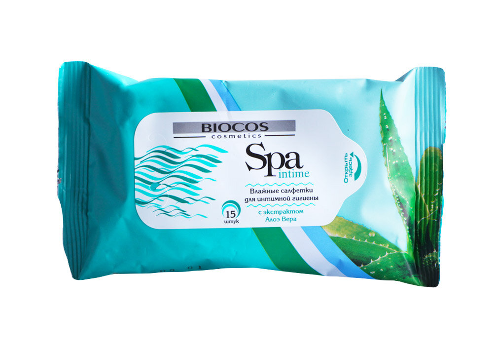 BioCos Влажные салфетки SPA Intime для интимной гигиены с экстрактом алоэ вера, 15 шт.