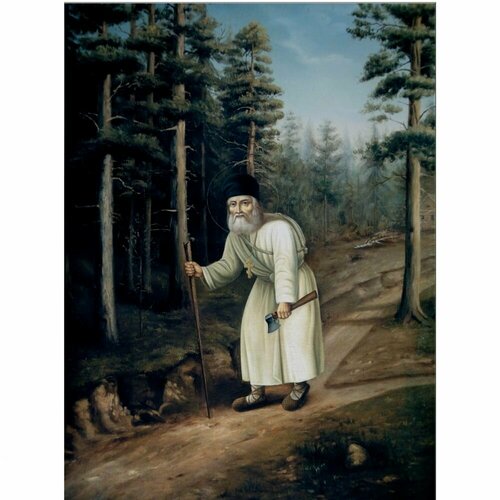 Святой Серафим Саровский в лесу деревянная икона на левкасе 26 см