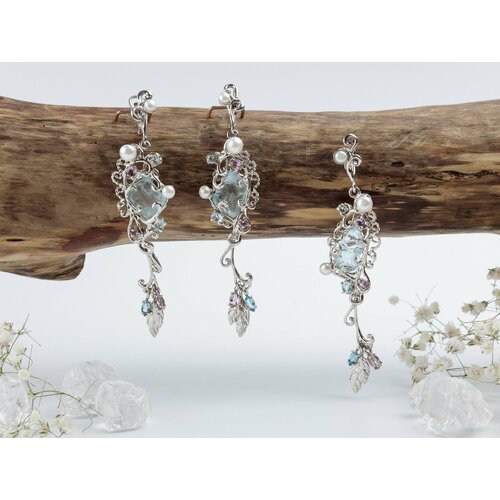 Серьги с подвесками СИЛА ПРИРОДЫ, серебро, 925 проба, жемчуг, аметист, бриллиант, топаз, серебряный