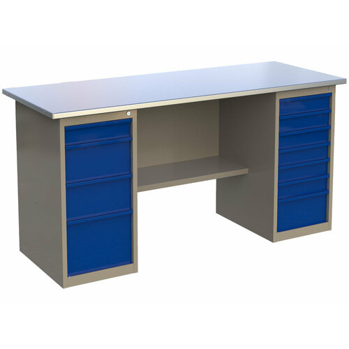 Стол верстак слесарный металлический с 2 тумбами 4 и 7 ящиков, 1800 мм, MasterLine, Wellmet ML 1800 ML4/ML7