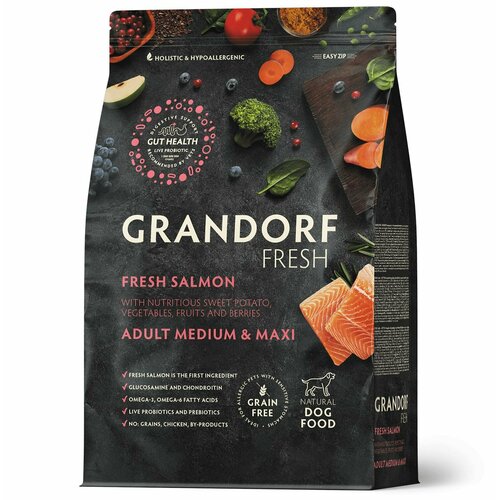 Сухой беззерновой корм Grandorf Fresh свежее филе лосося с бататом для взрослых собак средних и крупных пород, с живыми пробиотиками, для здоровья кожи и шерсти или склонных к аллергии, 1 кг