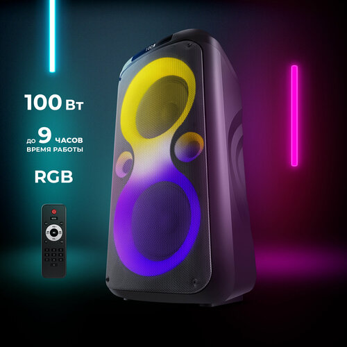 Колонка портативная музыкальная bluetooth, беспроводная с блютуз Defender BOOMER 100 Вт, FM радио, USB, AUX, LED дисплей, два микрофонных входа черный