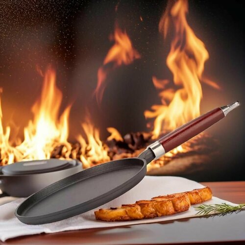 Сковорода блинная чугунная 24 см с антипригарным покрытием и деревянной съемной ручкой 3157₽