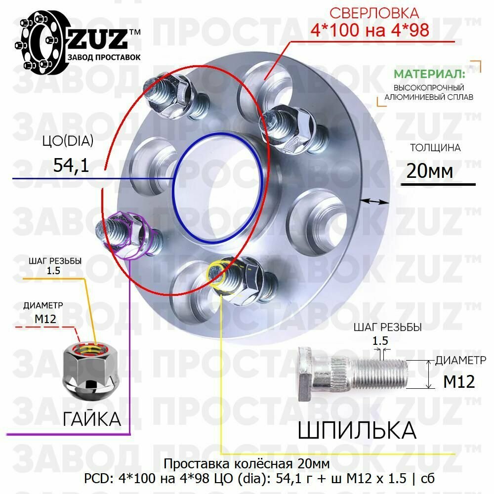 Проставка колёсная 1 шт 20мм 4*100 на 4*98 ЦО 54,1 Крепёж в комплекте Гайка + Шпилька М12*1,5 ступичная с бортиком переходная адаптер для дисков 1 шт на ступицу 4x100 на 4x98
