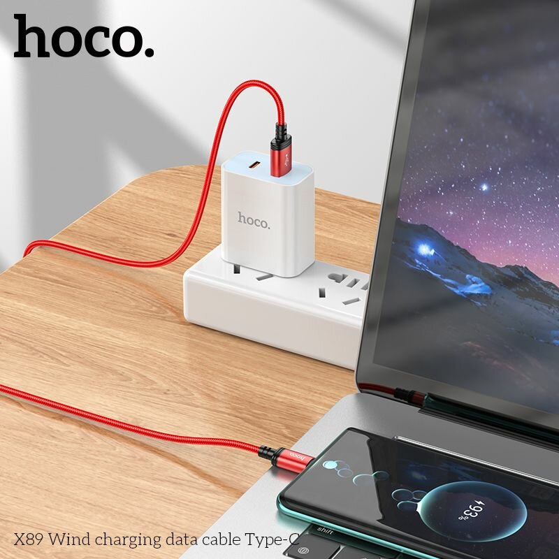 Кабель Hoco для смартфонов, USB - Type C, Hoco X89 Wind, красный, 1 метр, 3A для быстрой зарядки — фото 1