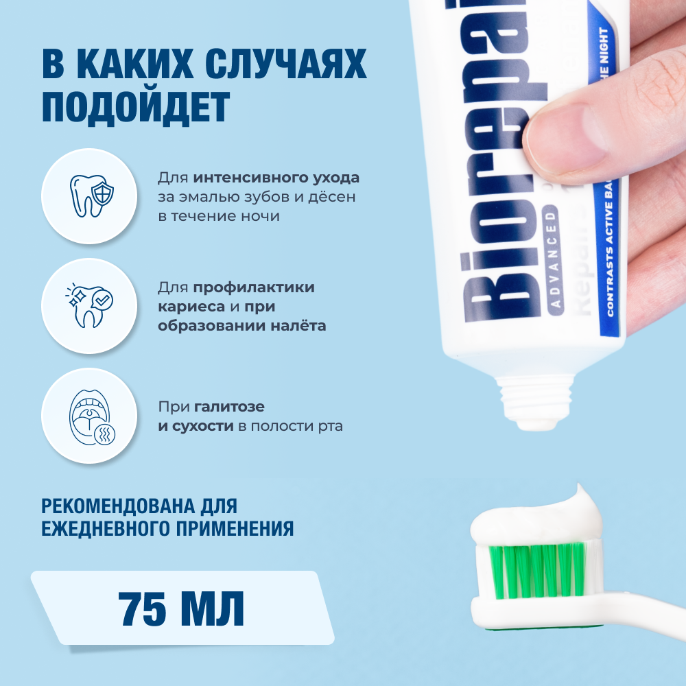 Зубная паста Biorepair Intensive Night, 75 мл, Щетка средней жесткости Protezione Totale, Ополаскиватель, 30 мл — фото 1