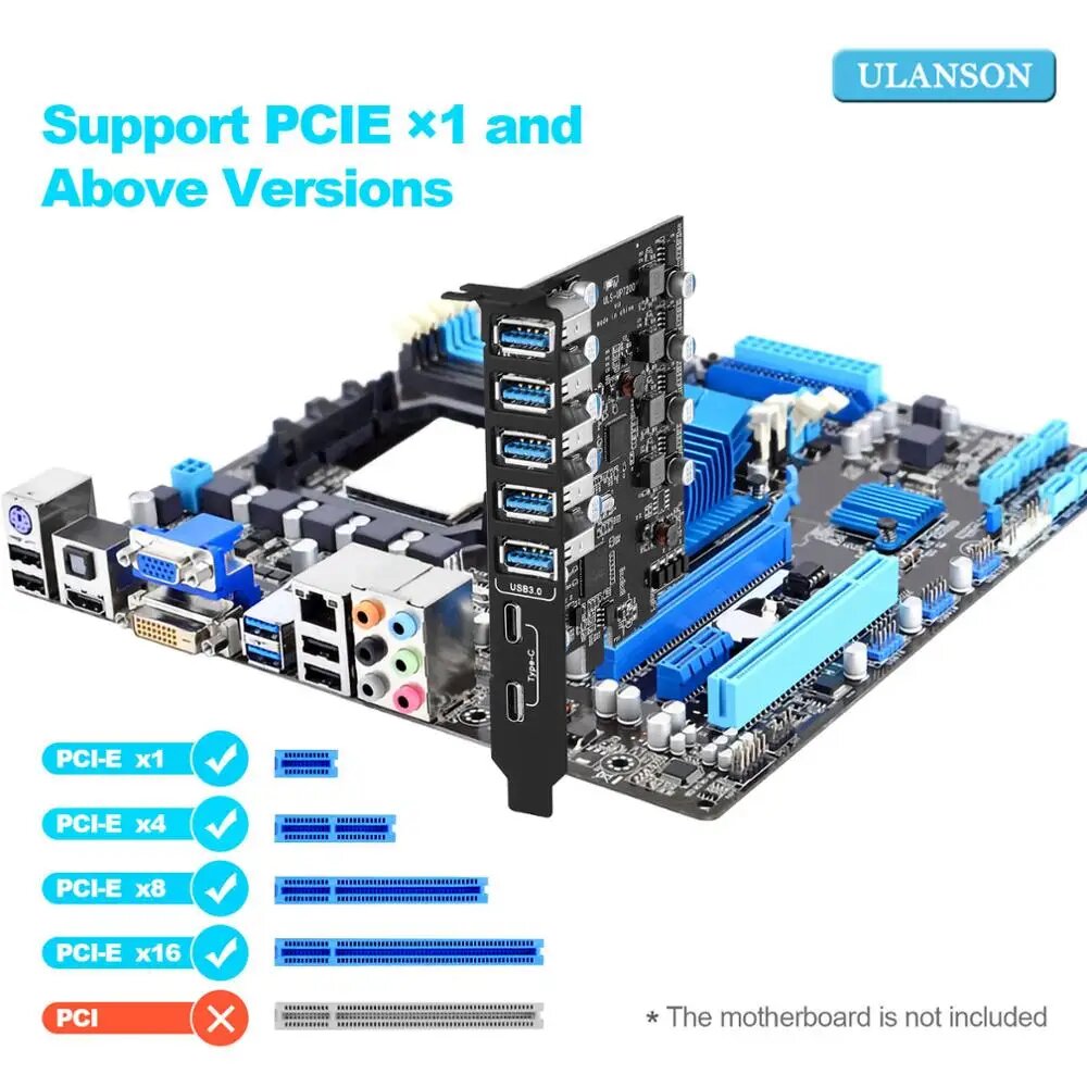 Плата расширения на 7 портов USB 3,0, 5 Гбит/с, PCIE 1X, PCIE 7ports USB Card