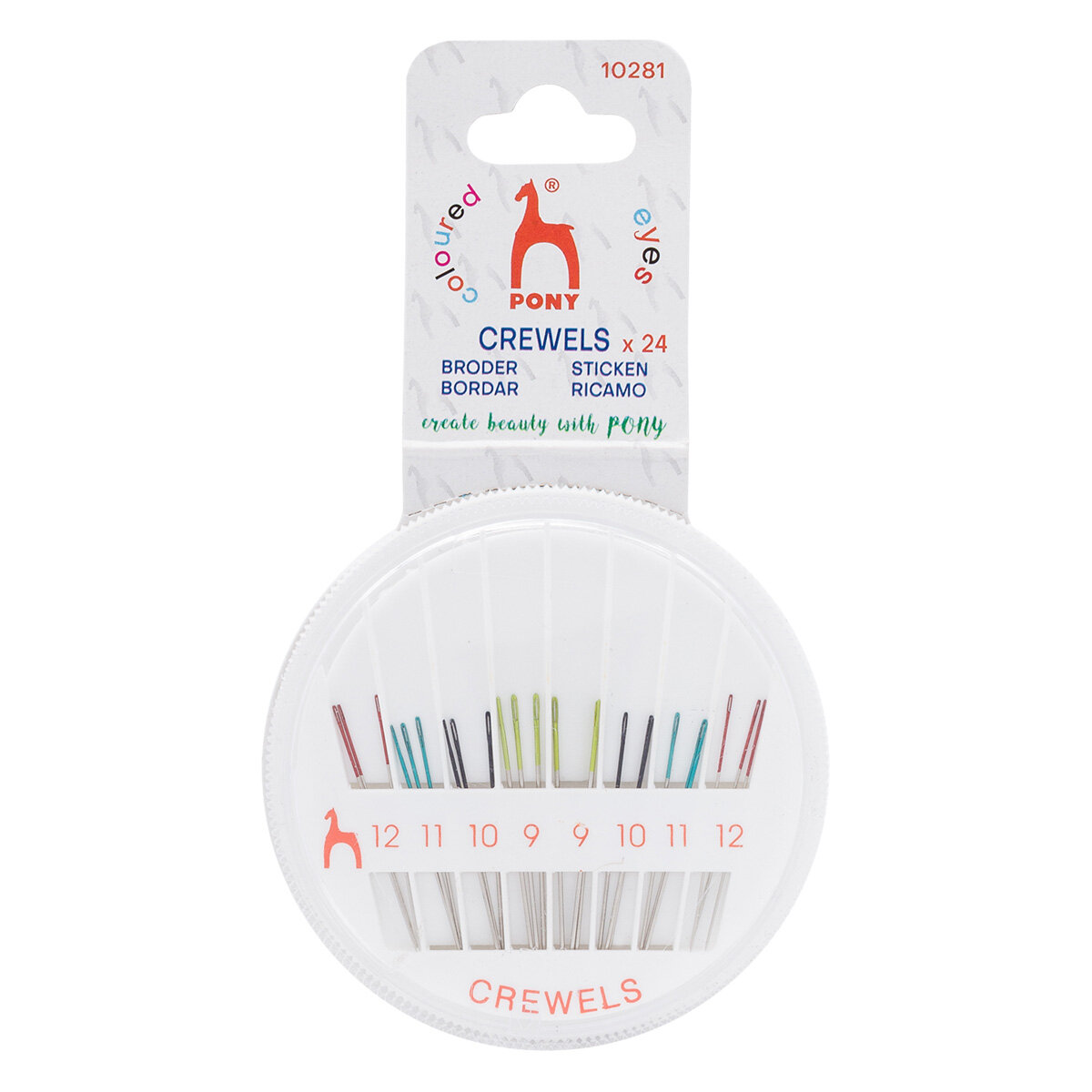 Иглы ручные для шитья и вышивания с цветным ушком PONY Crewels № 9-12 24штуки 10281