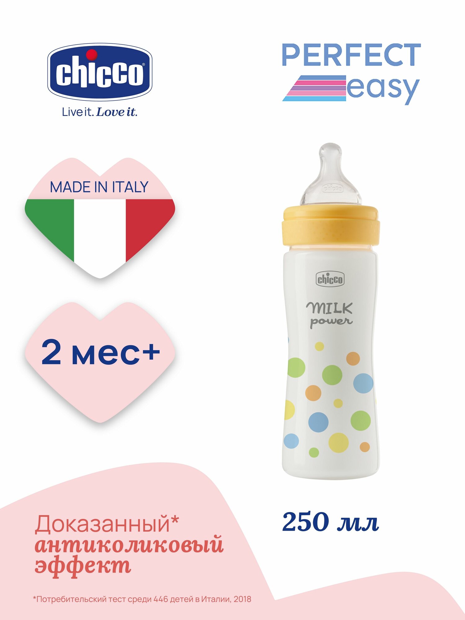 Chicco бутылочка для кормления 2 мес+ Perfect Easy 250 мл, средний поток, мальчик