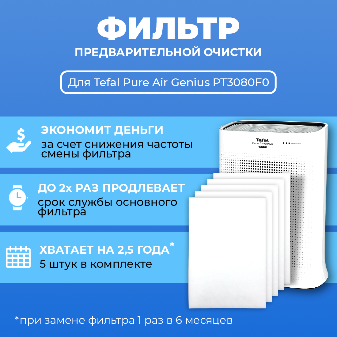 Фильтр для очистителя воздуха Tefal Pure Air Genius PT3080F0. Префильтр. 5 шт.