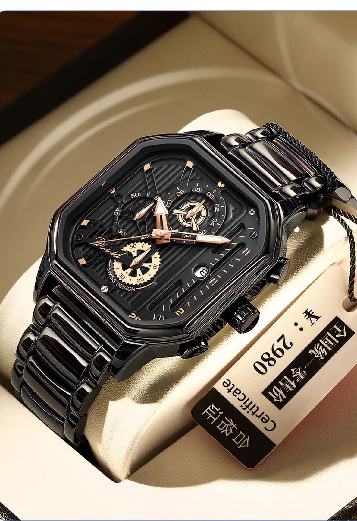 Мужские часы квадратные, швейцарский механизм, водонепроницаемые, кварцевые, A065, Черный Shell Акупунктура Иглы Стальной Пояс