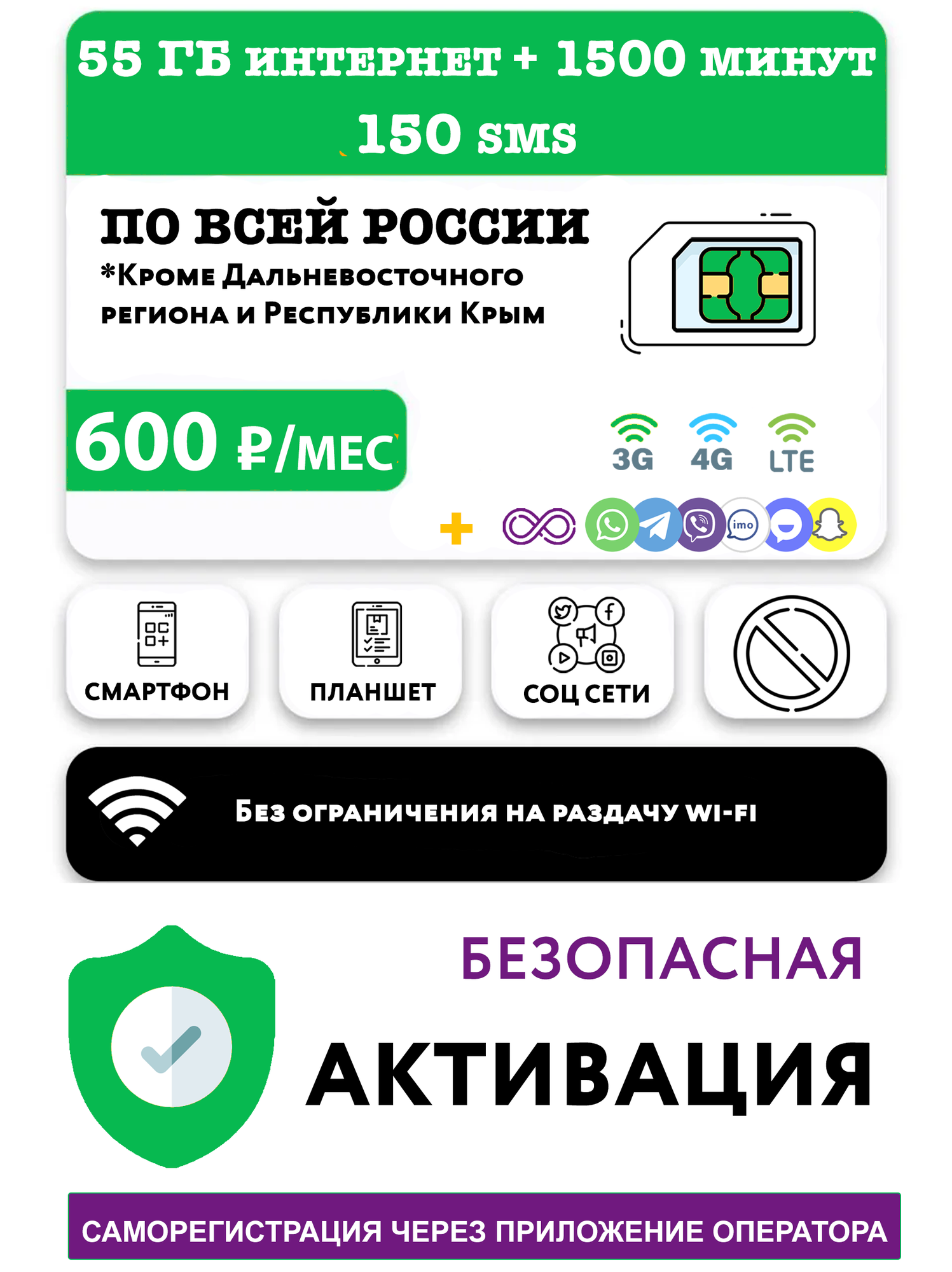 Мегафон 1500 минут + 55 гб интернета + 150 SMS за 600 руб/месяц (смартфоны) + безлимит на мессенджеры/соц сети