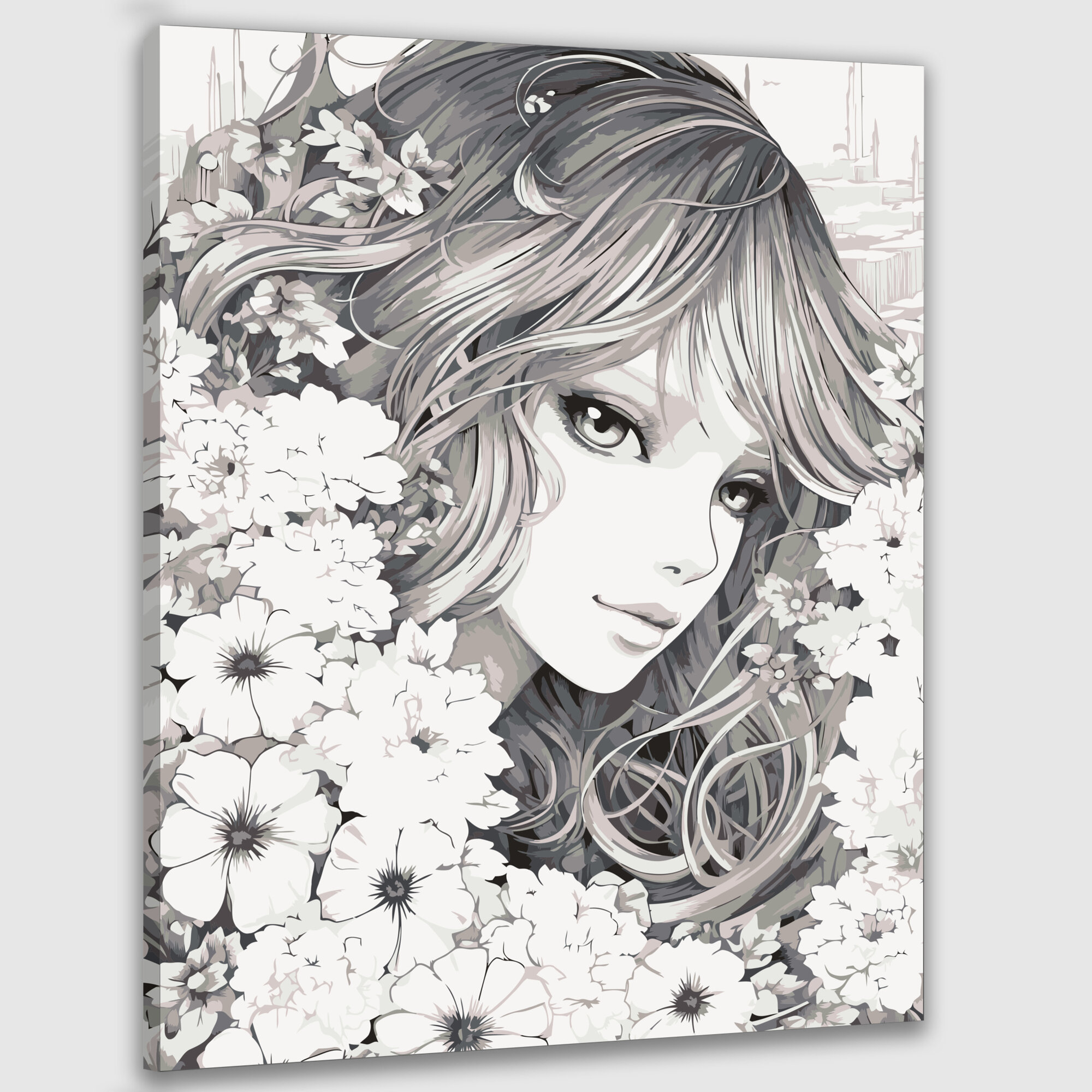 Картина по номерам 40x50 см, картина, рисунок, тушь, девушка, аниме, сад, цветы, маргаритки, розы, чернильные линии