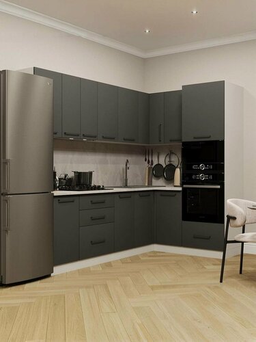 Изображение товара Модульная кухня угловая ЛДСП 2,4х1,6м графит со столешницей с пеналом под духовой шкаф и СВЧ 3.1