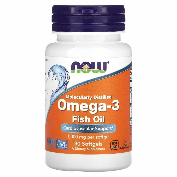 NOW Food, Omega 3 1000 мг, Молекулярная дистилляция, 30 капсул — фото 1