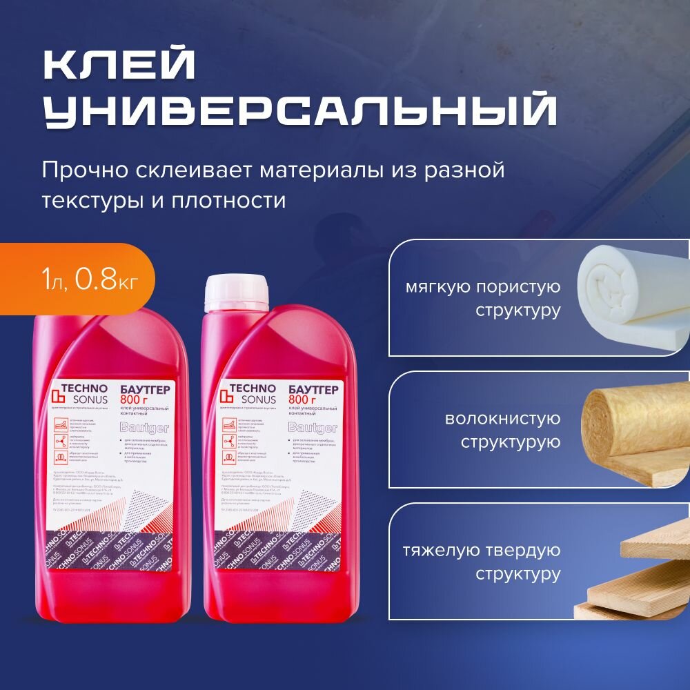 Клей Баутгер контактный универсальный строительный для звукоизоляции для теплоизоляции (Bautger) банка 1л/08кг 2шт