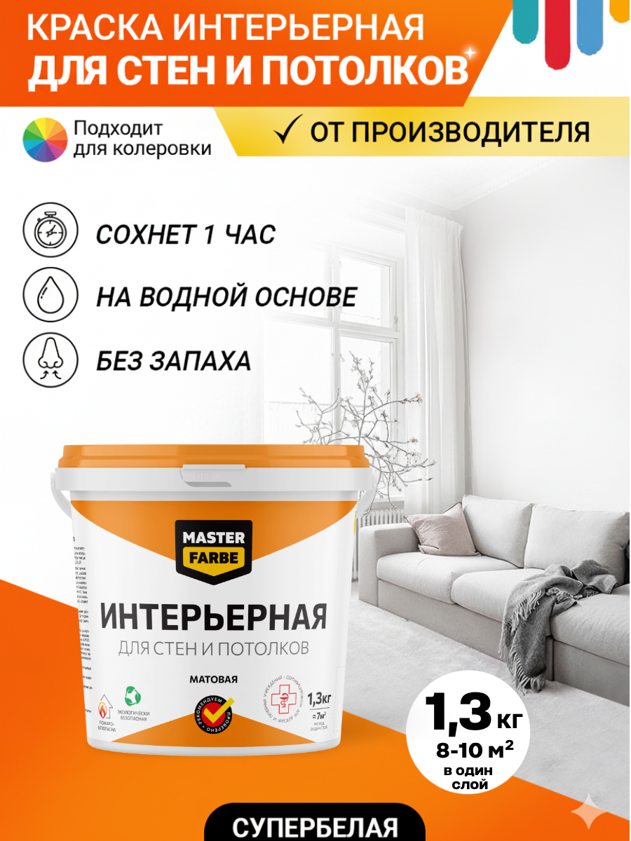 Краска интерьерная Masterfarbe для стен и потолка акриловая белый цвет 13кг