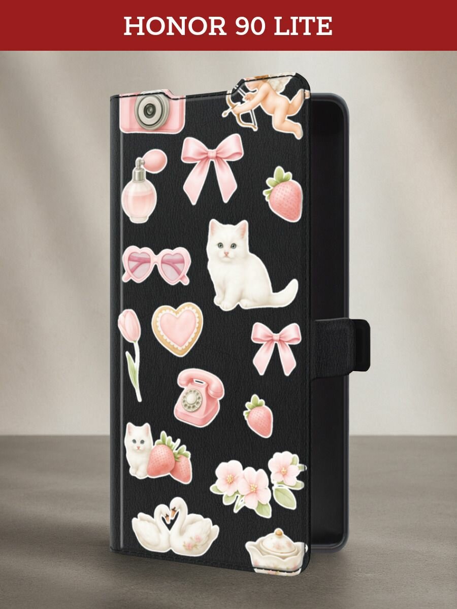 Чехол-книжка на Honor 90 Lite / Хонор 90 Лайт с принтом Коллаж для девочки, черный