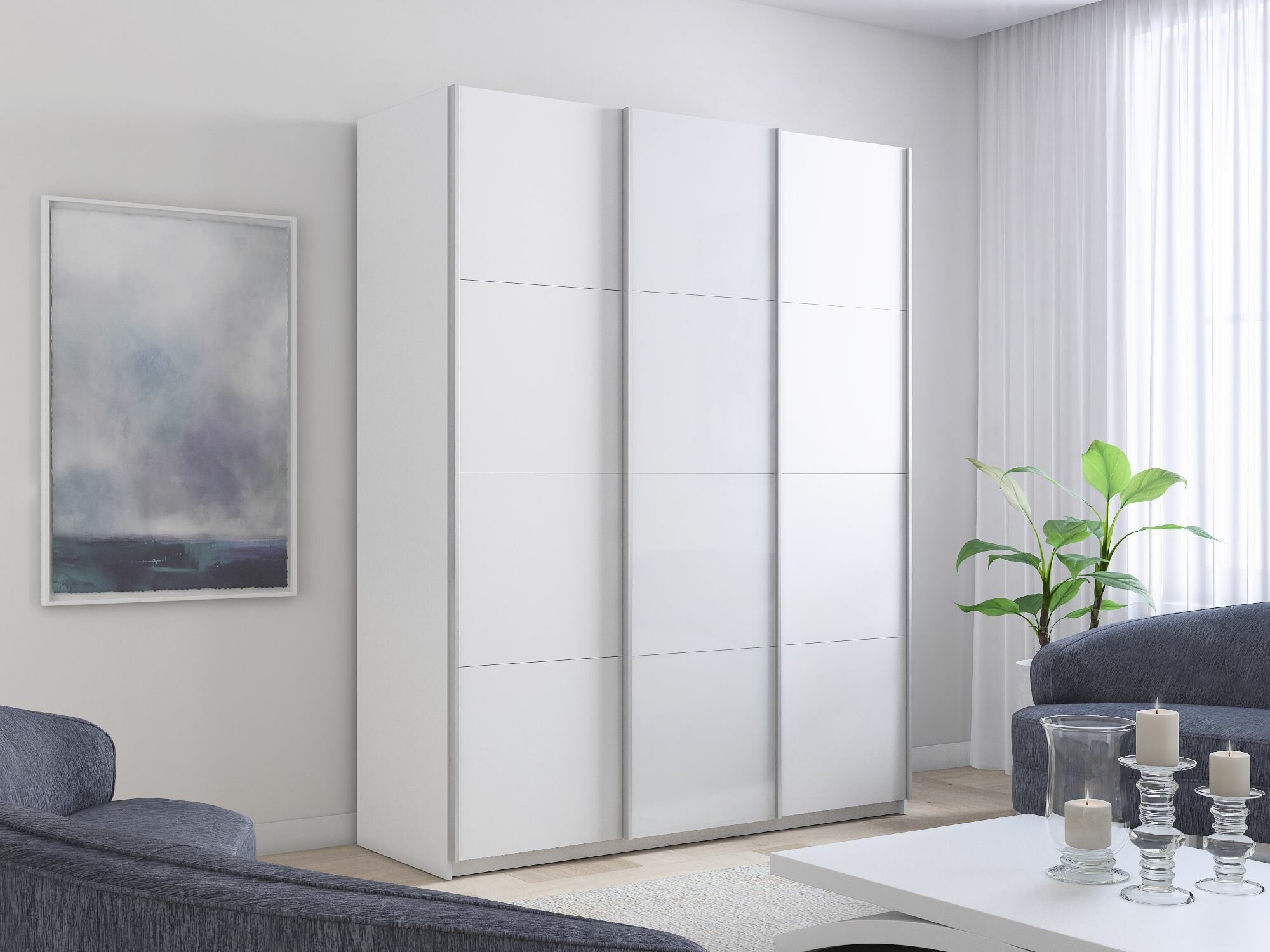 Шкаф-купе Билли 3-х дверный, (2 ДСП/Стекло бел.) 180х57х230 см. Белый снег