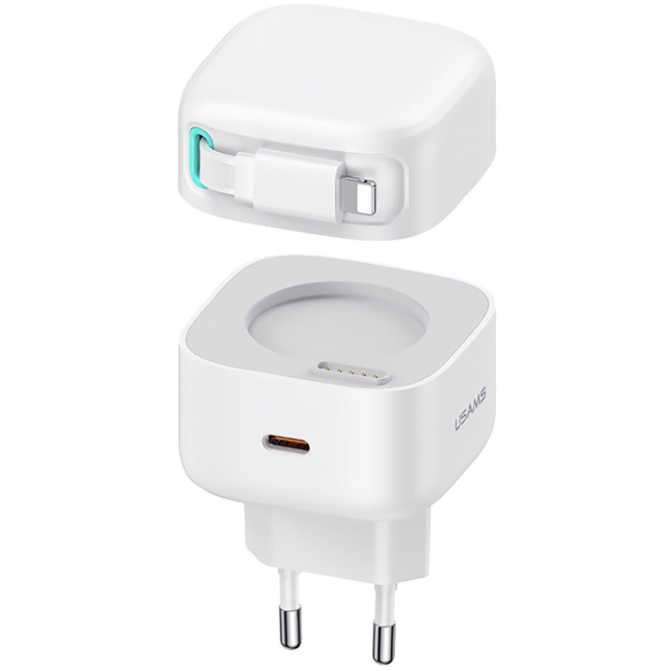 фото Usams US-CC209 PD35W Dual Port GaN Fast Charger With Lightning Magnetic Telescopic Cable (EU)--XMF S