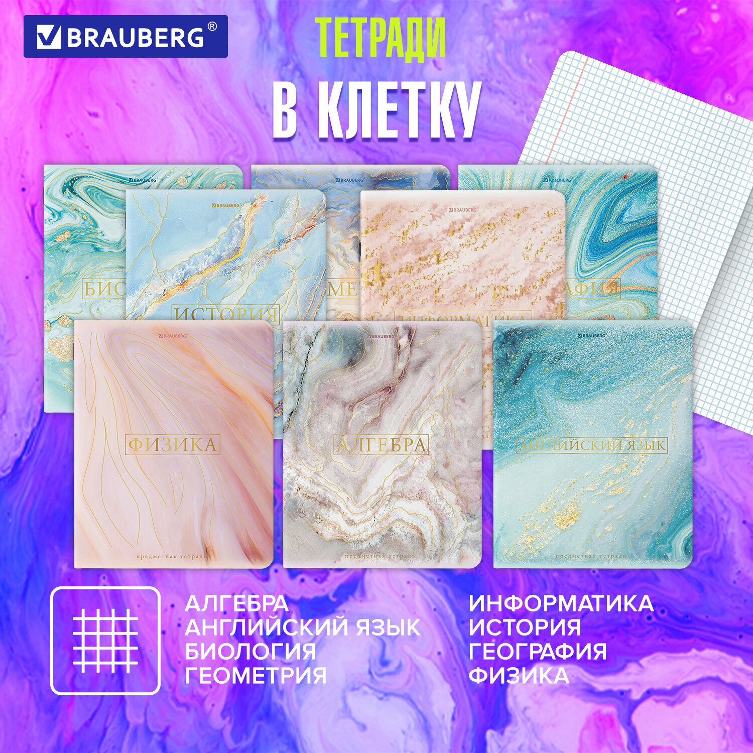 Тетради предметные со справочным материалом Brauberg Pastel, Soft Touch, комплект 10 предметов, 48 л, фольга