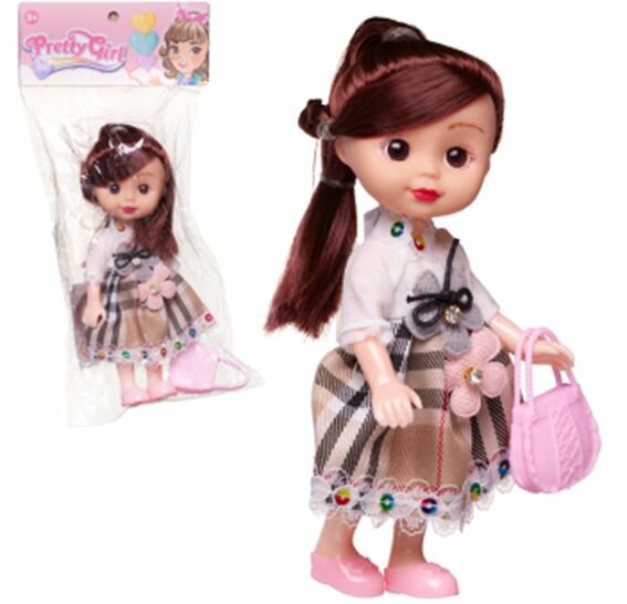 Кукла Junfa "Pretty Girl", 16 см, в платье с белым верхом и юбкой-шотландкой, с сумочкой, в пакете