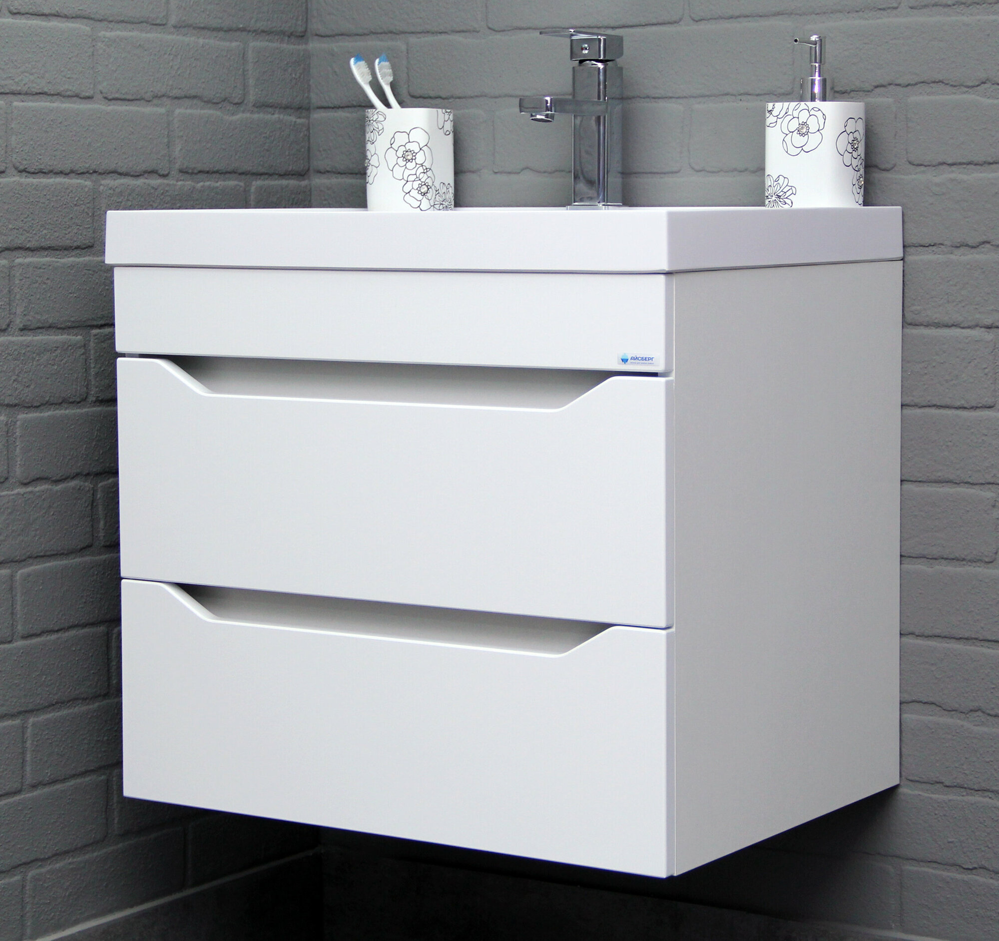 фото Тумба подвесная под умывальник "Bazis 60" Ева с двумя ящиками В2 Айсберг
