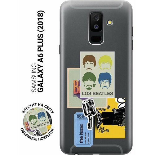 Силиконовый чехол на Samsung Galaxy A6+ (2018), Самсунг А6 Плюс 2018 с 3D принтом Beatles Stickers прозрачный матовый soft touch силиконовый чехол на samsung galaxy a6 2018 самсунг а6 2018 с 3d принтом beatles stickers черный