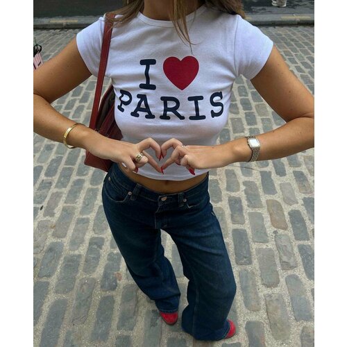 фото Футболка i love футболка женская i love paris укороченная, размер m, красный, черный, белый