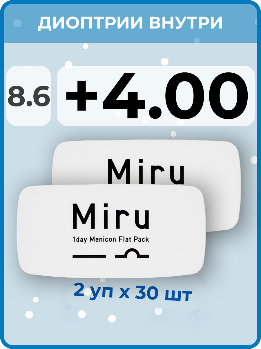 Контактные линзы MIRU 1 Day Menicon Flat Pack (2 упаковки по 30 линз) R. 8.6 +4.00, однодневные, прозрачные