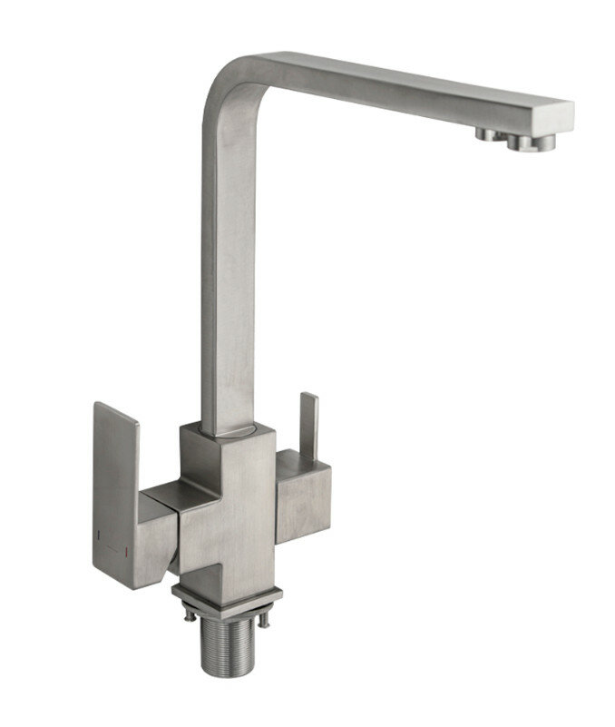 фото Смеситель кухонный MAGNUS 91116 сатин шаровый Г-образный излив с двойным выпуском воды для фильтра