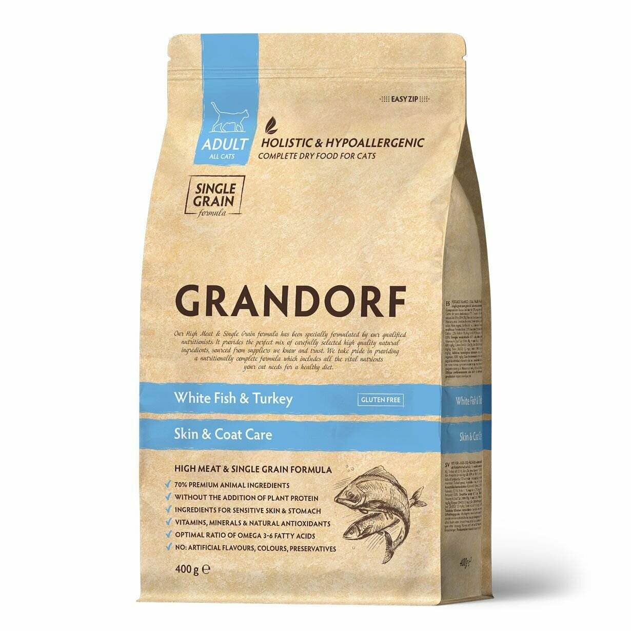 Сухой корм GRANDORF CAT White Fish&Turkey SKIN&CARE (Белая рыба с индейкой - забота о коже и шерсти для кошек) 400 гр.
