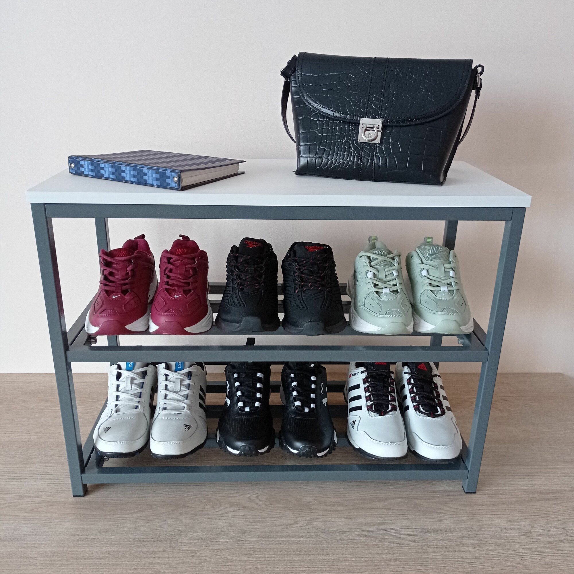 фото Обувница для прихожей "фореста" с сиденьем серая металлическая белый