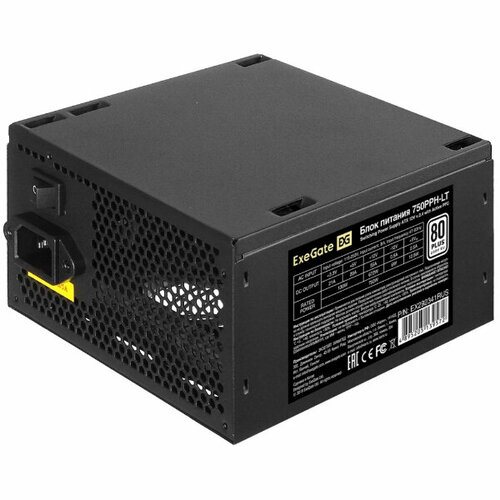 Блок питания 750W ExeGate 80 PLUS® 750PPH-LT (ATX, APFC, КПД 82% (80 PLUS), 12cm fan, 24pin, 2x(4+4)pin, 4xPCI-E, 8xSATA, 4xIDE, black, Color Box)