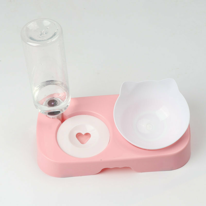 Миска для кошки под наклоном с автопоилкой на подставке для воды и корма, розовая + белая чаша